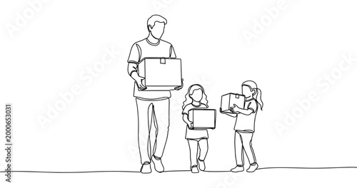 Young caucasian male and female children carrying boxes. No editable stroke