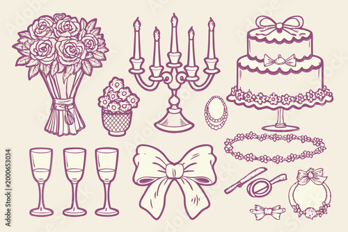 wedding accessories collection in purple vector style