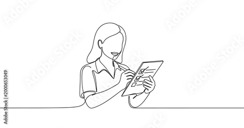 Female adult analyzing checklist, caucasian woman reviewing tasks. No editable stroke