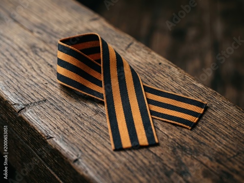 Orange and black st george ribbon on wooden surface for memorial background and patriotic design