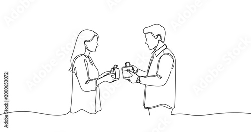 Line drawing of caucasian male and female exchanging gifts. No editable stroke