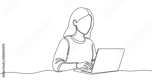 Female working on laptop - minimal line art drawing of caucasian adult. No editable stroke