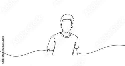 Minimalist line art: young caucasian male with short hair. No editable stroke
