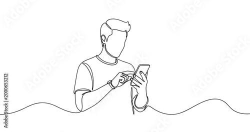 Line drawing of young caucasian male using smartphone. No editable stroke