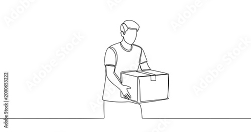 Young caucasian male holding a box in minimalist line drawing. No editable stroke