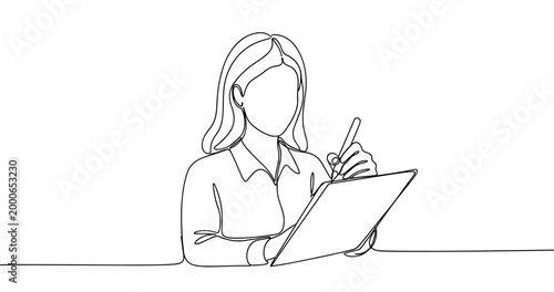 Continuous line art of female caucasian adult using digital tablet for creative work. No editable stroke
