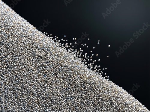Close up heap of small silver metallic beads and spheres on a dark surface for macro texture background and pattern design