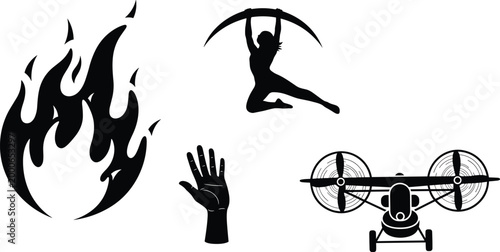 Dynamic silhouette set with flame jumping figure raised hand and drone aircraft illustrating energy motion technology and human expression concepts
