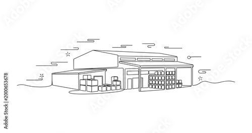 Warehouse facility storing pallets and boxes in industrial area sketch. No editable stroke