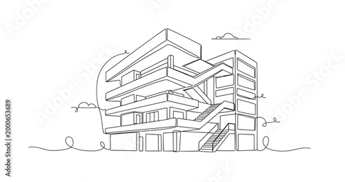 Modern apartment building featuring external stairs on white. No editable stroke