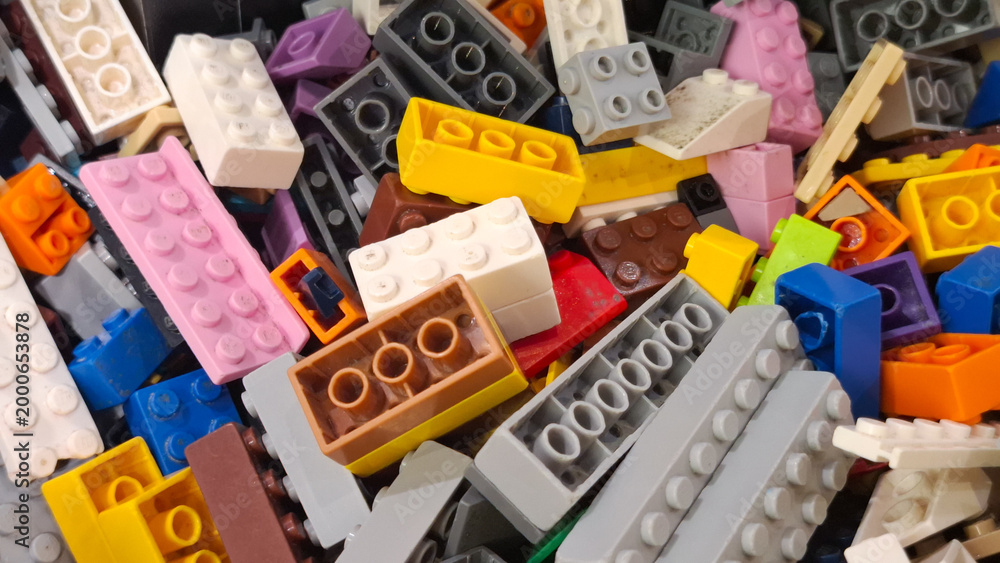 Fototapeta premium Abundant collection of authentic Lego building blocks and interlocking plastic bricks on April 20, 2026 in Bangkok, Thailand