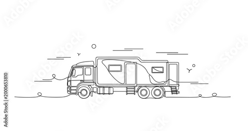 Recreational vehicle parked on flat road in line drawing. No editable stroke
