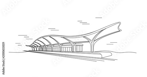 Contemporary transit terminal with curved canopy roof at station. No editable stroke