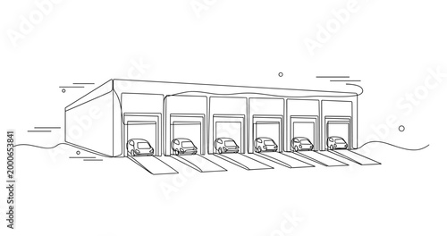 Multiple vehicles parked in loading bay garage facility. No editable stroke