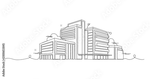 Modern office buildings clustered in urban skyline scene. No editable stroke