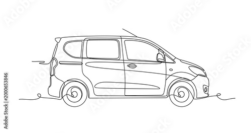 Compact minivan parked profile on simple road outline. No editable stroke