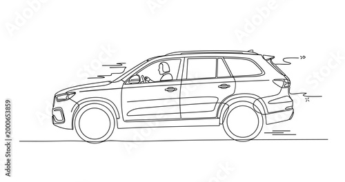 Family suv being driven along road in continuous line drawing. No editable stroke