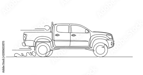 Pickup truck driving quickly along open highway with motion lines. No editable stroke