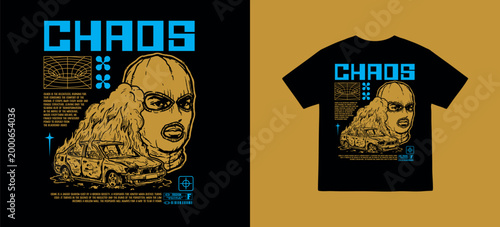 Vector illustration streetwear of a retro balaclava mask and chaos text for T-Shirt design with slogan and distortion artwork