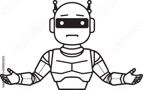 Robot, futuristic bot, metallic humanoid, shrugging character, line art