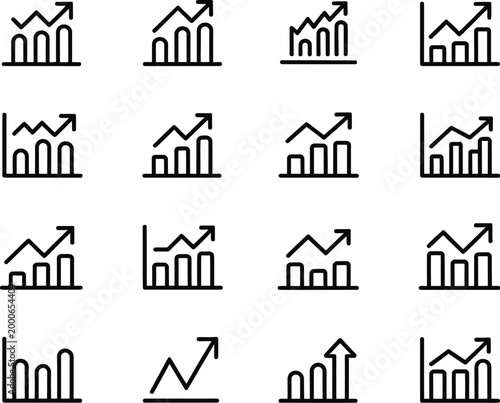 Growth line icons including upward chart, profit rise, analytics, development symbols for modern interface and dashboard design