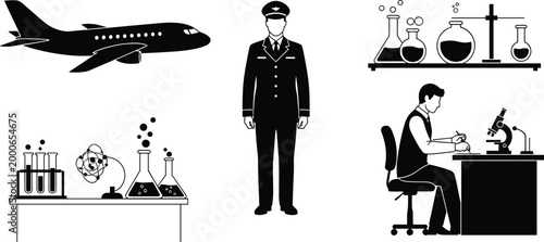 Professional silhouette set featuring airplane pilot laboratory equipment and scientist working illustrating aviation science research and technical careers concept