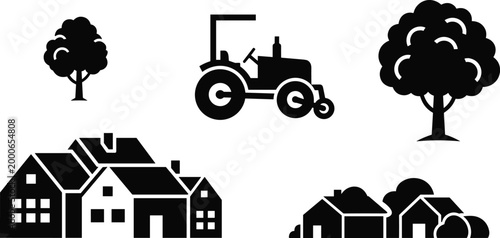 Rural landscape silhouette set with tractor houses and trees illustrating agriculture village life and countryside environment concept