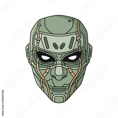 Futuristic Sci-Fi Robot Mask Illustration - Sage Green Cyborg Helmet Design for Cyberpunk and Gaming Concepts