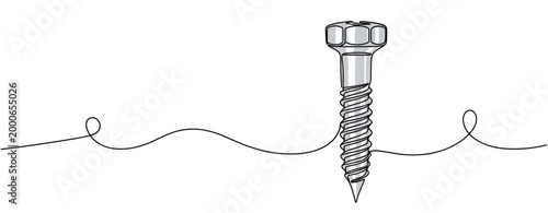 Hex head screw standing upright on continuous line surface. no editable strokes