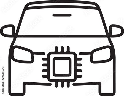 Smart car technology icon, autonomous vehicle with computer chip, electric car electronics and automotive semiconductor vector illustration