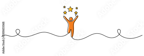 Person raising arms with stars indicating achievement on white. no editable strokes