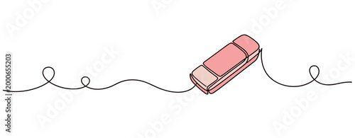 Pink eraser sliding along continuous line on white background. no editable strokes