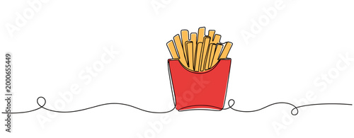 French fries sitting in red carton on white line background. no editable strokes