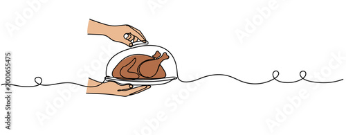 Cooked turkey being served on platter with hands presenting. no editable strokes
