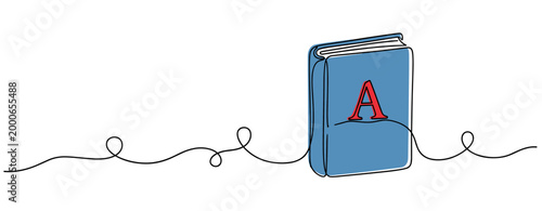 Hardcover book with letter a standing on continuous line. no editable strokes
