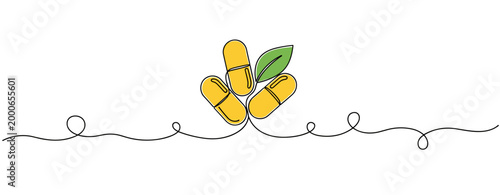 Yellow capsules clustered with leaf on continuous line background. no editable strokes