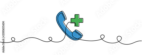 Telephone handset with plus symbol on continuous line layout. no editable strokes