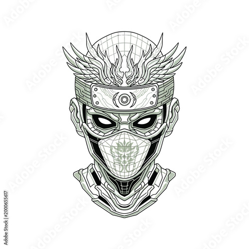 Cyberpunk Ninja Robot Head Illustration with Mechanical Armor and Winged Crown, Futuristic Mecha Samurai Vector Art for Gaming and Sci-Fi Design