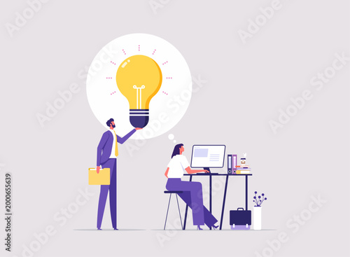 Guidance help personal development to reach success concept, mentor, advisor to motivate employee or inspiration, businessman mentor help employee to get new light bulb idea