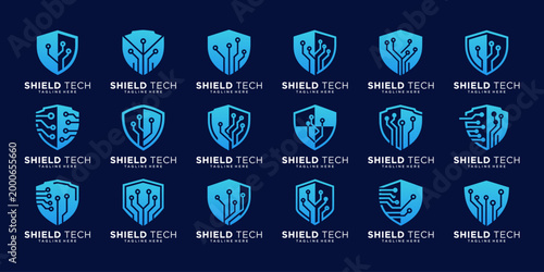 Blue shield icon collection with secure lock and pixel details, suitable for data protection, authentication, and online security branding.