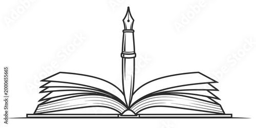 Open book and quill pen sketch a symbol of writing and literature