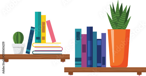 Bookshelf Vector Illustration with Colorful Books and Potted Plants on Wooden Shelves Isolated on White Background for Modern Home Decor and Interior Design.