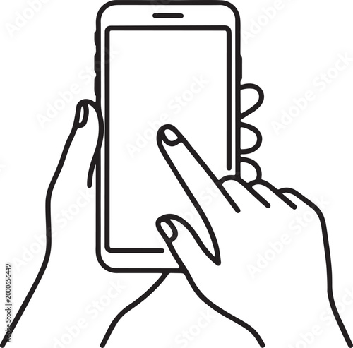 hand holding smartphone with touch gesture line art mobile phone interaction vector illustration