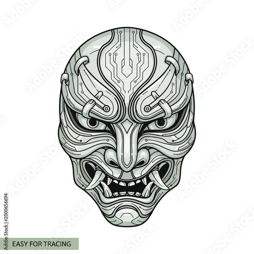 Futuristic Cybernetic Oni Mask Illustration, Cyberpunk Japanese Demon Design with Mechanical Circuitry Details, Traditional Hannya Meets Sci-Fi Technology.