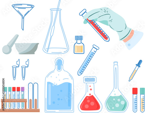 vibrant set of isolated flat icons including chemical glassware a thermometer and a gloved hand with a test tube. perfect for creating unique stickers blog decorations and social media content 