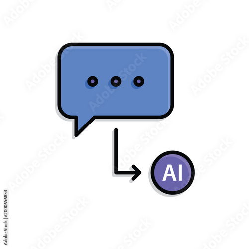 AI prompt icon. Chat box with dots and arrows entering AI nodes. Work flow, automation, Engine. Isometric design style.