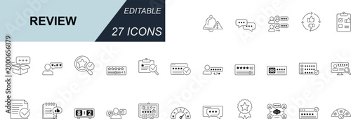Modern review and feedback line icon set featuring rating, evaluation, analytics, survey, and performance concepts, ideal for UI design, dashboards, apps, and digital platforms. Editable stroke.