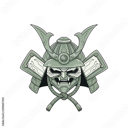 Futuristic Cyberpunk Samurai Oni Mask Illustration with Robotic Circuitry Details