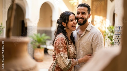 A couple laughing and embracing in a courtyard with arched doorways and plants
