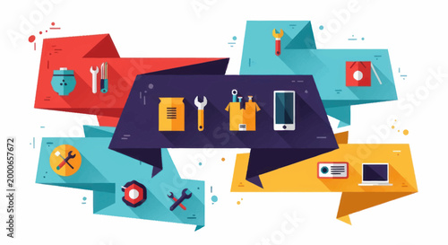 Collection of tools and gadgets in colorful speech bubbles.
